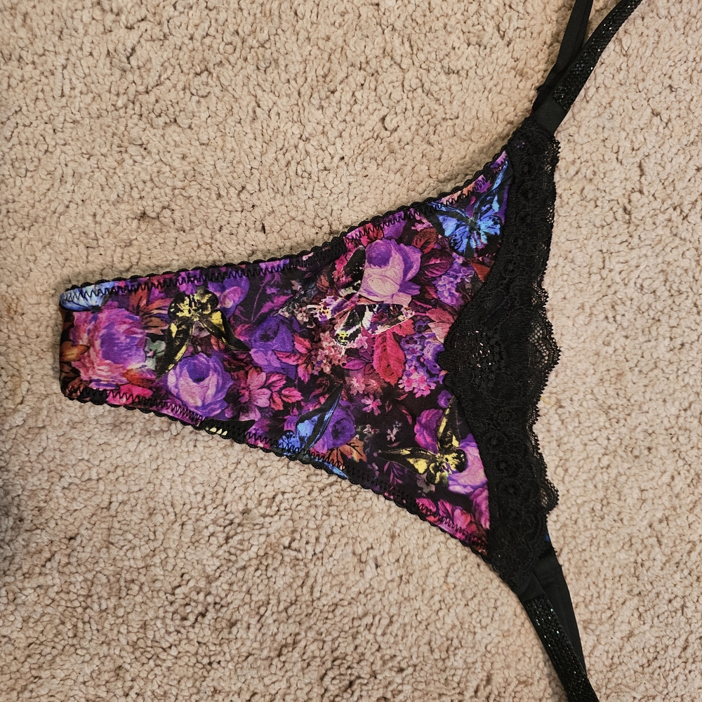 Victoria's Secret Black and Purple Floral Lace Thong